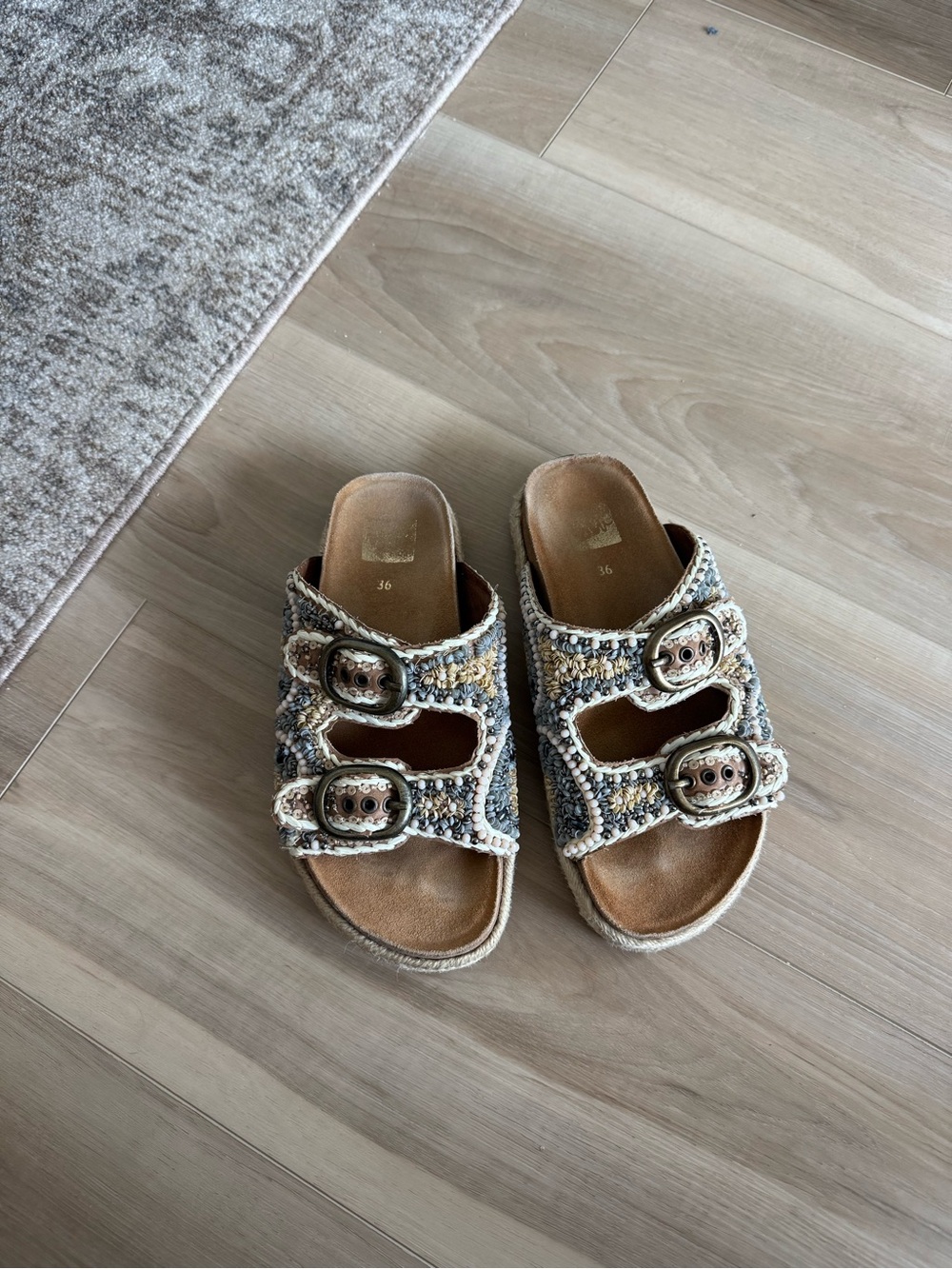 Italian Authentic Beaded Double-Buckle Sandals - Beige Multi